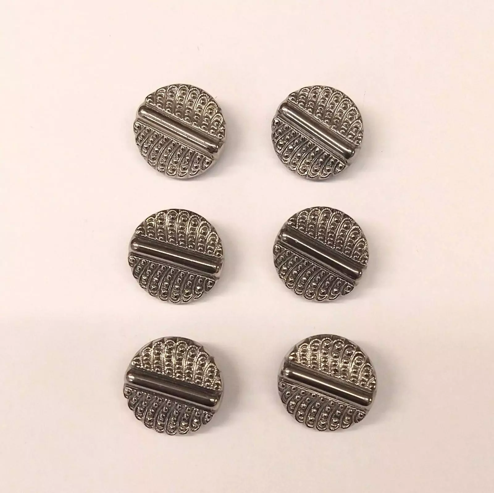 Vintage Glass Buttons - Deco Stripe Peacock- Pewter Metallic - 18mm - Set of Six