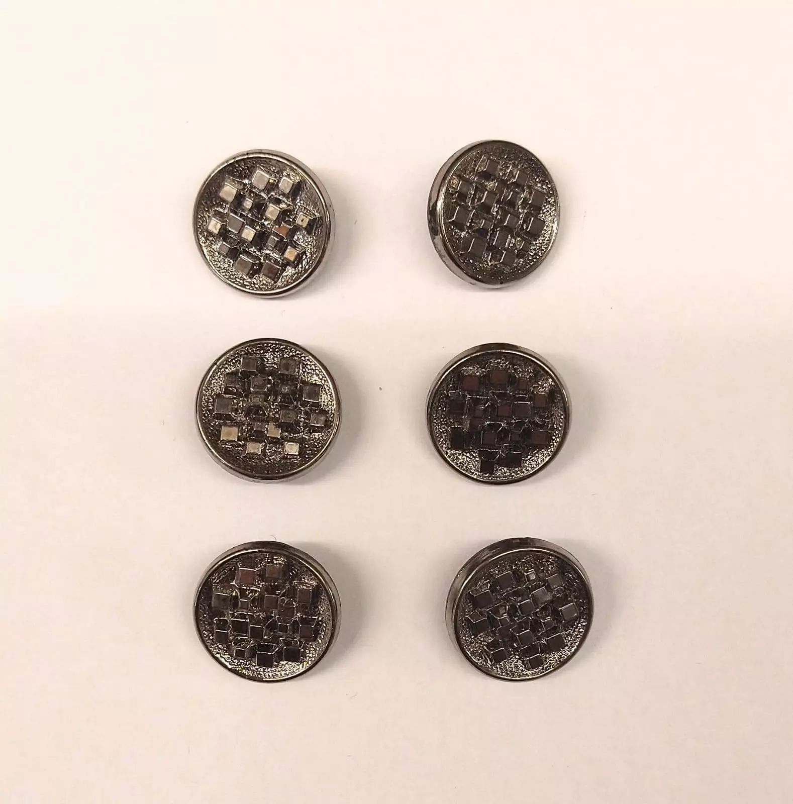 Vintage Glass Buttons - Cubic - Chrome Metallic - 18mm - Set of Six