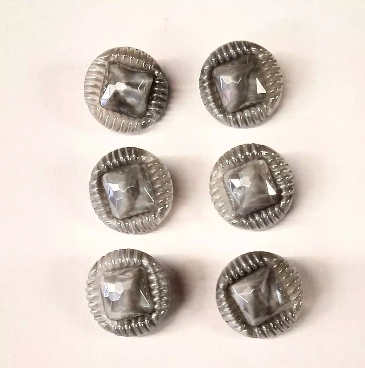 Vintage Glass Buttons - Square Peg - Pearly Grey - 18mm - Set of Six